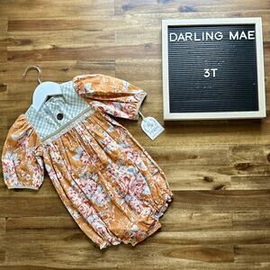 NWT Darling Mae Sybil Collection Orange Floral Bubble Short Sleeve Gingham 3T